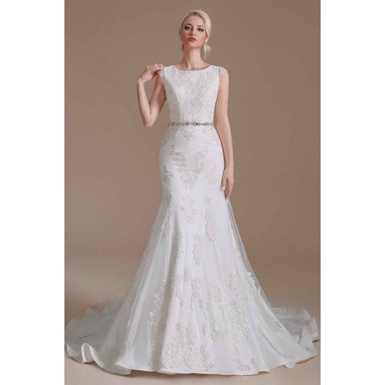 Jewel Lace Cap Sleeves Lace Mermaid Wedding Dress | Ballbella Design