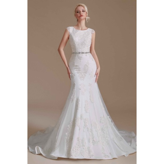 Jewel Lace Cap Sleeves Lace Mermaid Wedding Dress | Ballbella Design
