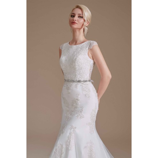 Jewel Lace Cap Sleeves Lace Mermaid Wedding Dress | Ballbella Design