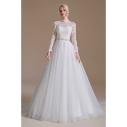 High Collar Lace Applique Long Sleeves Floor Length Wedding Dress | Ballbella Design