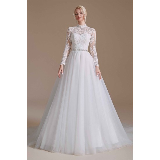 High Collar Lace Applique Long Sleeves Floor Length Wedding Dress | Ballbella Design
