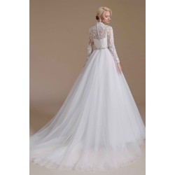 High Collar Lace Applique Long Sleeves Floor Length Wedding Dress | Ballbella Design