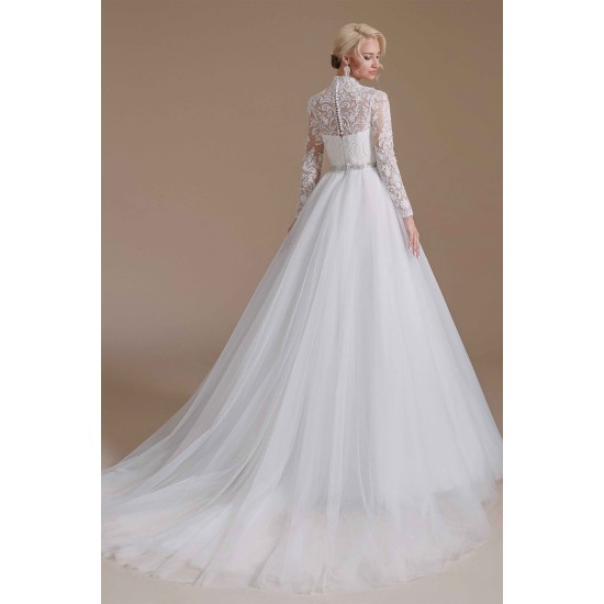 High Collar Lace Applique Long Sleeves Floor Length Wedding Dress | Ballbella Design