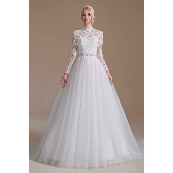 High Collar Lace Applique Long Sleeves Floor Length Wedding Dress | Ballbella Design