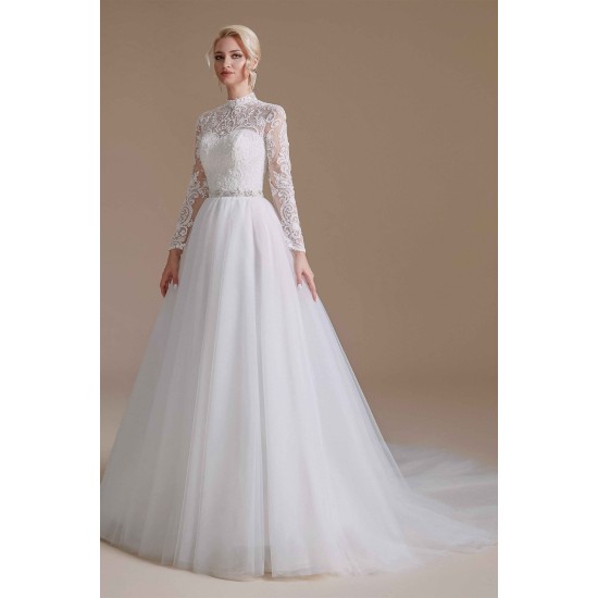 High Collar Lace Applique Long Sleeves Floor Length Wedding Dress | Ballbella Design