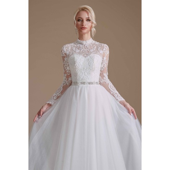 High Collar Lace Applique Long Sleeves Floor Length Wedding Dress | Ballbella Design