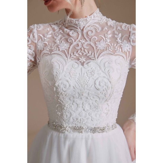 High Collar Lace Applique Long Sleeves Floor Length Wedding Dress | Ballbella Design