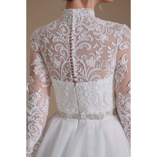 High Collar Lace Applique Long Sleeves Floor Length Wedding Dress | Ballbella Design