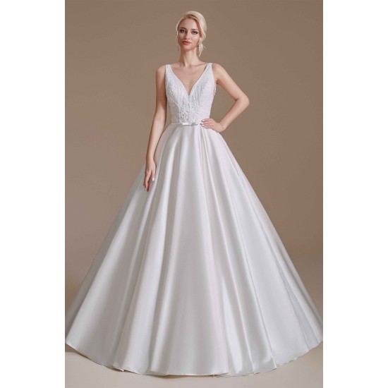 A Line V Neck Floor Length Applique Wedding Dress | Ballbella Design