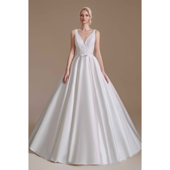 A Line V Neck Floor Length Applique Wedding Dress | Ballbella Design