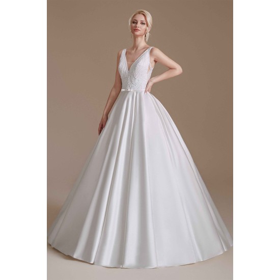 A Line V Neck Floor Length Applique Wedding Dress | Ballbella Design