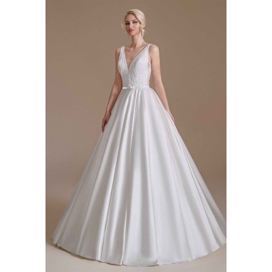 A Line V Neck Floor Length Applique Wedding Dress | Ballbella Design