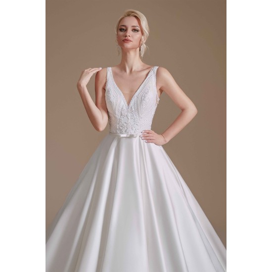 A Line V Neck Floor Length Applique Wedding Dress | Ballbella Design