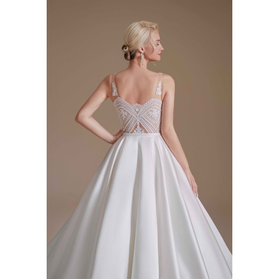 A Line V Neck Floor Length Applique Wedding Dress | Ballbella Design
