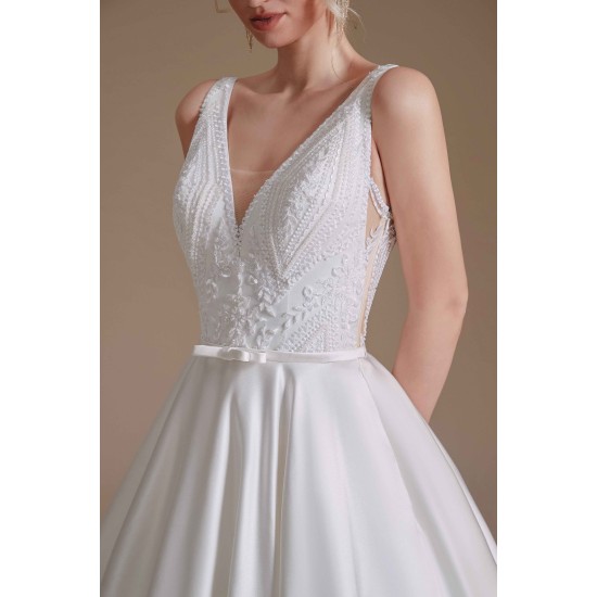 A Line V Neck Floor Length Applique Wedding Dress | Ballbella Design