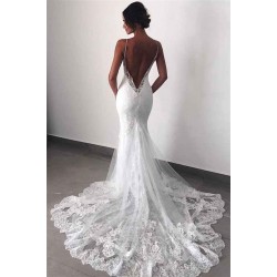 Backless Wedding Dresses Lace Mermaid Modern Spaghetti Straps Bride Dress