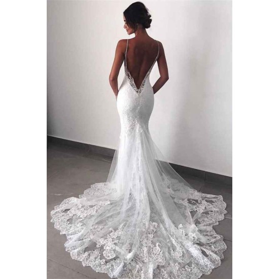 Backless Wedding Dresses Lace Mermaid Modern Spaghetti Straps Bride Dress