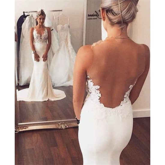 Sheer back Mermaid Wedding Dress Sleeveless Lace summer Beach Bridal Gowns