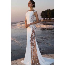 Sheath Round Collar Floor Length Chiffon Crochet Flower Evening Dress