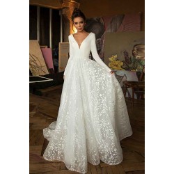 Long Sleeve V-Neck Lace Wedding Dress
