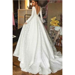 Long Sleeve V-Neck Lace Wedding Dress