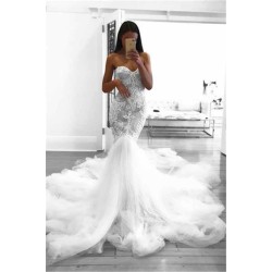 Romantic Sweetheart Lace White Sheer Wedding Dress Mermaid Bridal Gown