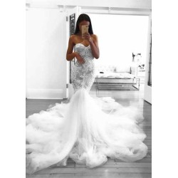 Romantic Sweetheart Lace White Sheer Wedding Dress Mermaid Bridal Gown