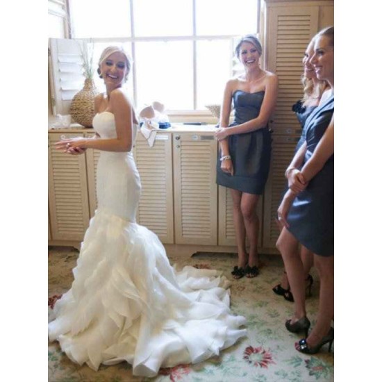 Court Train Mermaid Sleeveless Sweetheart Ruffless Satin Wedding Dresses