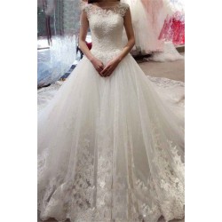 Court Train Sleeveless Tulle Ball Gown Bateau Applique Wedding Dresses