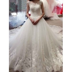 Court Train Sleeveless Tulle Ball Gown Bateau Applique Wedding Dresses