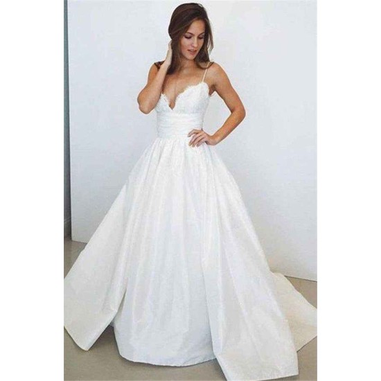 Sweep Train Ball Gown Sleeveless Ruched Satin Spaghetti Straps Wedding Dresses