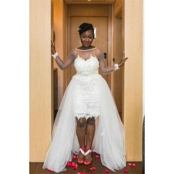 Long Sleeves Sheer Tulle Wedding Dresses Lace Open Back Overskirt Bridal Gowns