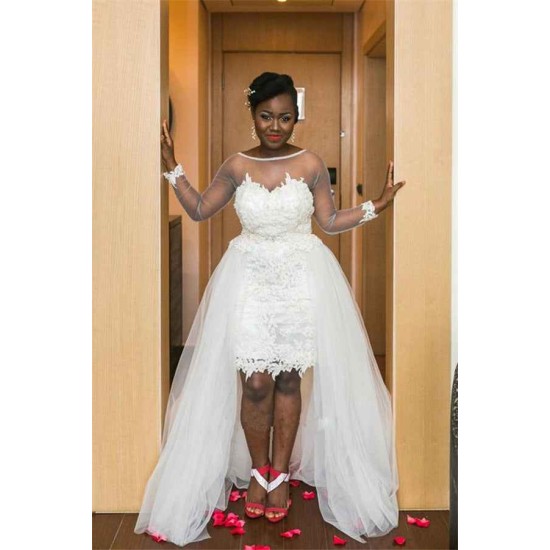 Long Sleeves Sheer Tulle Wedding Dresses Lace Open Back Overskirt Bridal Gowns