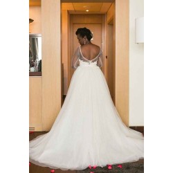 Long Sleeves Sheer Tulle Wedding Dresses Lace Open Back Overskirt Bridal Gowns