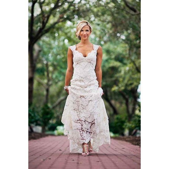 Classic Full Lace Wedding Dress Open Back Sleeveless Summer Bridal Gowns
