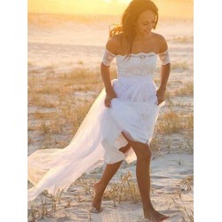 Sleeveless A Line Floor Length Off the Shoulder Lace Chiffon Wedding Dresses