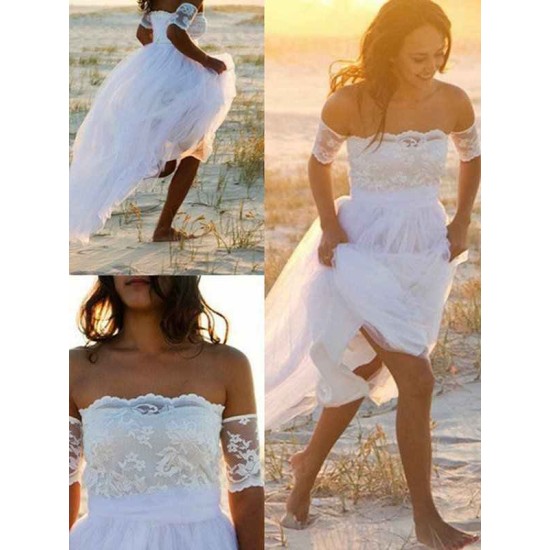 Sleeveless A Line Floor Length Off the Shoulder Lace Chiffon Wedding Dresses