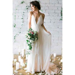 Sweep Train A Line Sleeveless Ruffless Chiffon Spaghetti Straps Wedding Dresses