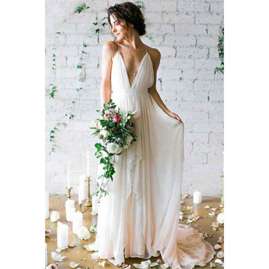 Sweep Train A Line Sleeveless Ruffless Chiffon Spaghetti Straps Wedding Dresses