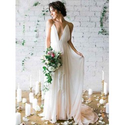 Sweep Train A Line Sleeveless Ruffless Chiffon Spaghetti Straps Wedding Dresses
