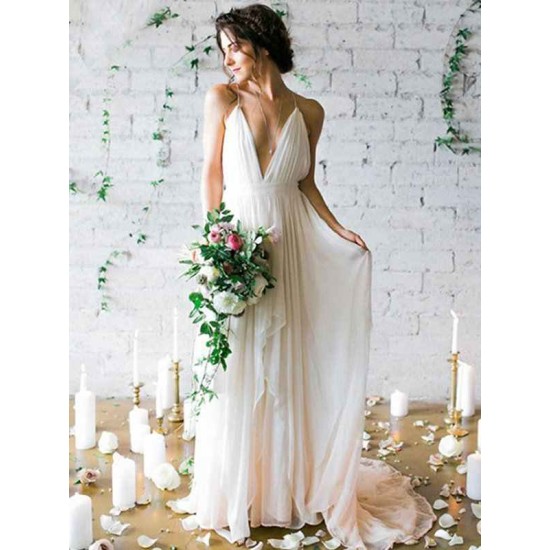 Sweep Train A Line Sleeveless Ruffless Chiffon Spaghetti Straps Wedding Dresses