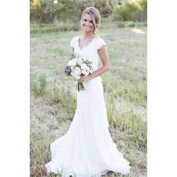 Sweep Train A Line Lace V neck Tulle Sleeveless Wedding Dresses