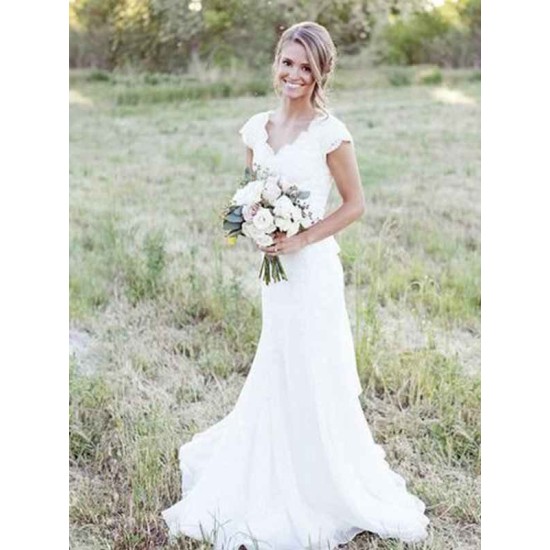 Sweep Train A Line Lace V neck Tulle Sleeveless Wedding Dresses