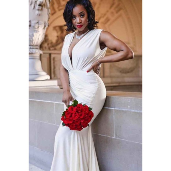 Stylish Deep V Neck Sleeveless Straps Mermaid Floor Length Prom Dresses