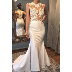 Satin Mermaid Scoop Sleeveless Applique Court Train Wedding Dresses