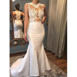 Satin Mermaid Scoop Sleeveless Applique Court Train Wedding Dresses