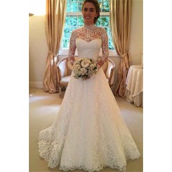 Lace High Neck Court Train Ball Gown Long Sleevess Wedding Dresses