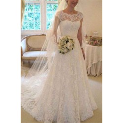 Court Train Applique A Line Short Sleeves Square Lace Ribbon Wedding Dresses