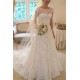 Court Train Applique A Line Short Sleeves Square Lace Ribbon Wedding Dresses