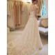 Court Train Applique A Line Short Sleeves Square Lace Ribbon Wedding Dresses